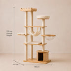 Timber Crown - Oak Cat Tree Tower with Space Bowl & Hammock