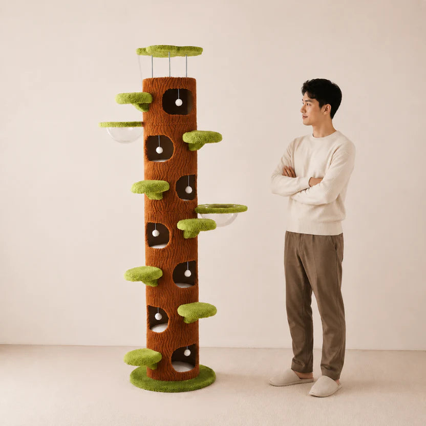 Woodland Oasis - 9-Level Floor-to-Ceiling Cat Tower with 7 Hideouts