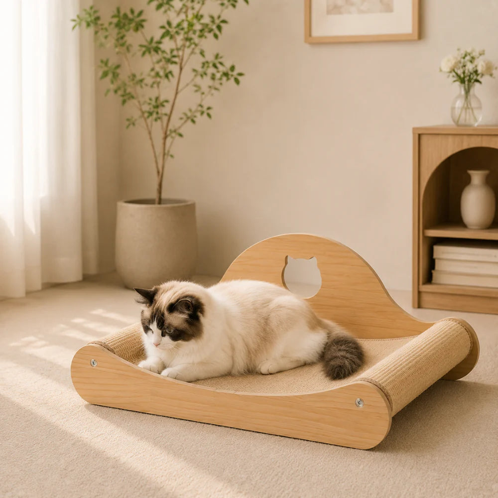 Purr Lounge - Wooden Cat Scratcher Bed with Curved Lounger