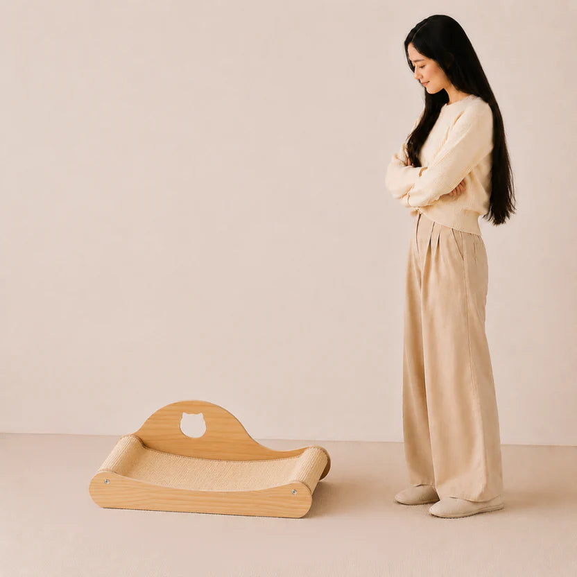 Purr Lounge - Wooden Cat Scratcher Bed with Curved Lounger