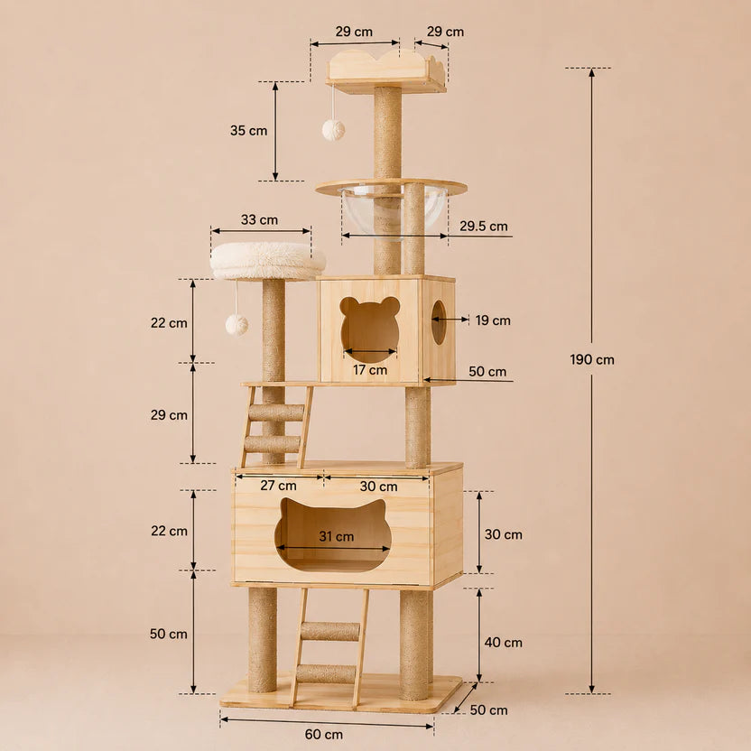 Claw Castle - Wooden Cat Tree Scratching Post Tower with Bubble Hammock & Condos