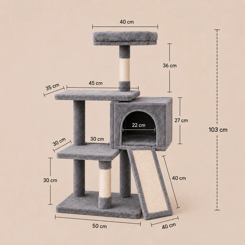 Birch Hollow - Cat Tree Tower Scratching Post with Condo, Ramp & Plush Platforms