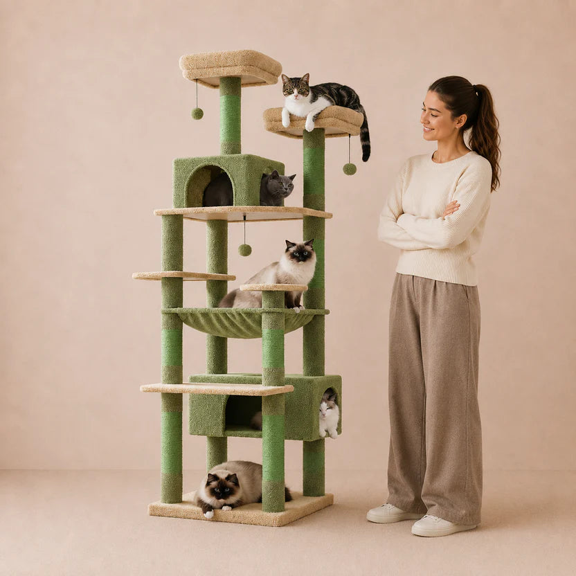 Cozy Canopy – Covered Cat Tree with Scratching Posts & Hammock