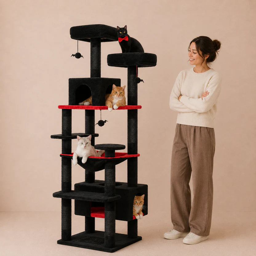Cozy Canopy – Covered Cat Tree with Scratching Posts & Hammock