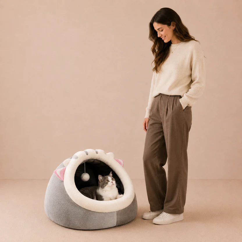 Bliss Haven - Cute Cozy Enclosed Soft Cat Cave Bed for Comfort