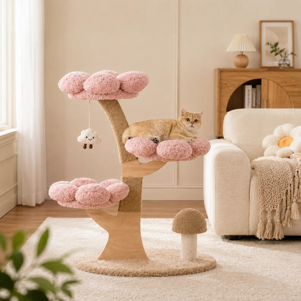 Rosy Palace - Wooden Cat Tree with Flower Beds and Scratcher