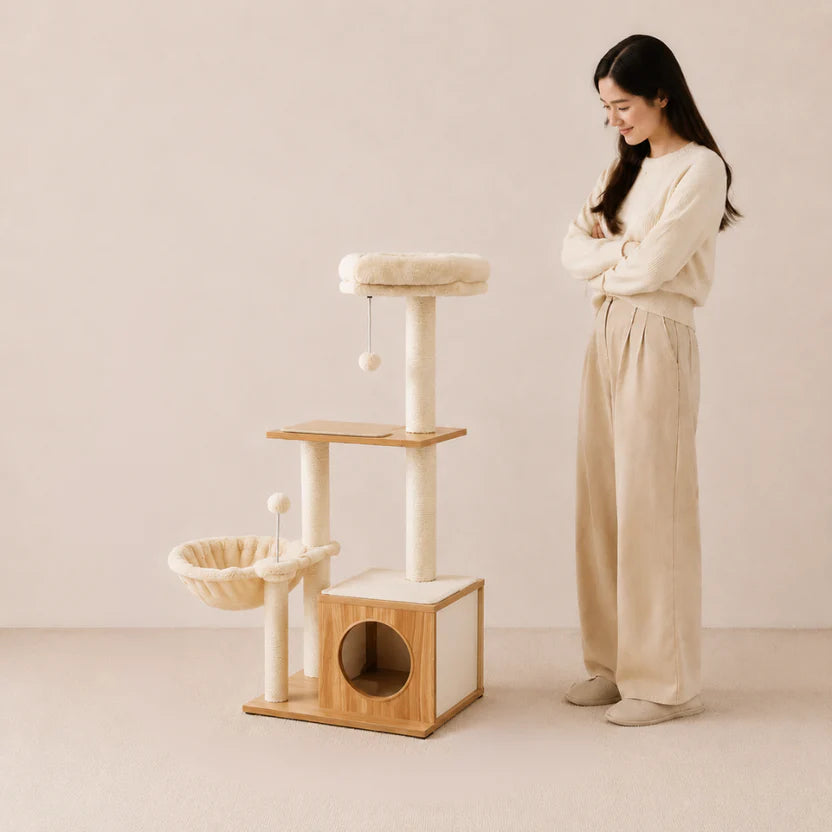 Cozy Grove - Modern Cat Tree with Cozy Condo & Hammock Basket