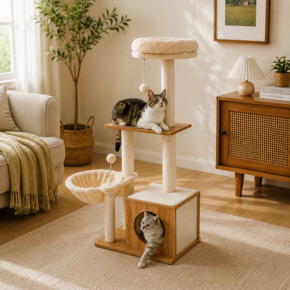Cozy Grove - Modern Cat Tree with Cozy Condo & Hammock Basket