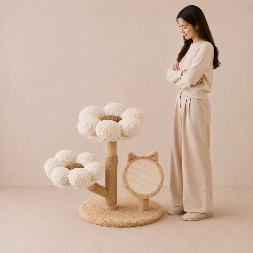 Bloom Terrace - Natural Wood Cat Tree with Flower Perches & Scratcher
