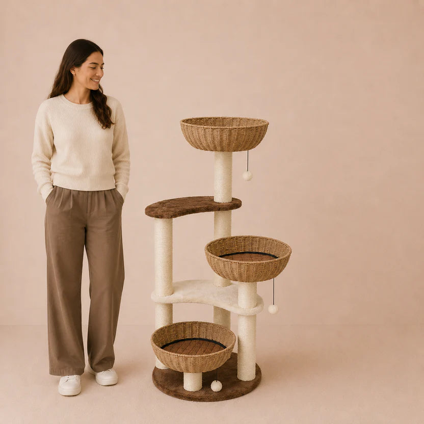 Boho Paws - Modern Cat Tree Tower with Woven Resting Baskets