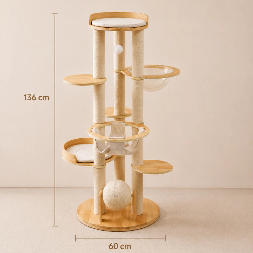 Scandi Nest - Wooden Cat Tower with Bubble Bed & Plush Hammock