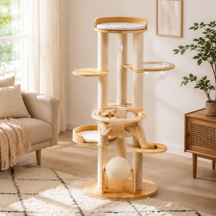 Scandi Nest - Wooden Cat Tower with Bubble Bed & Plush Hammock