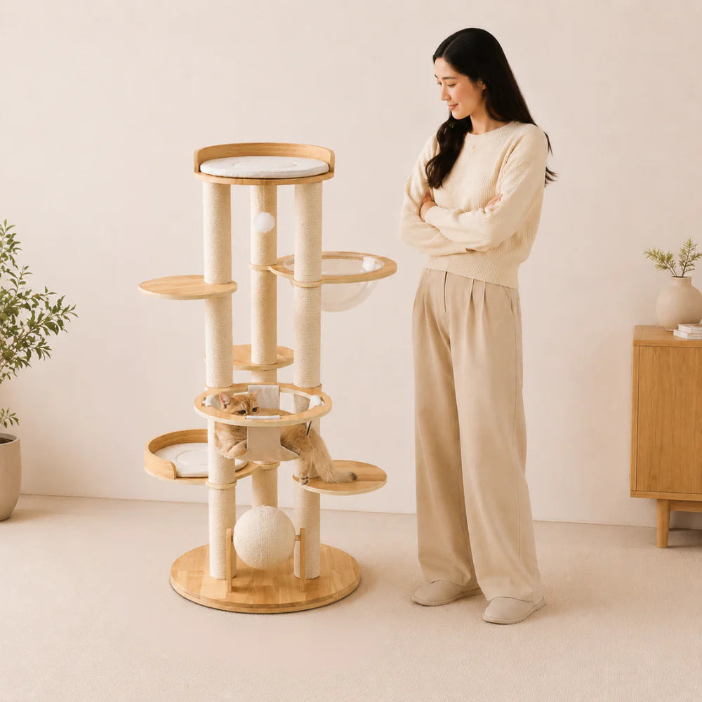 Scandi Nest - Wooden Cat Tower with Bubble Bed & Plush Hammock