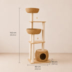 Willow Crest - 6 Level Oak Cat Tower with Woven Rattan Beds
