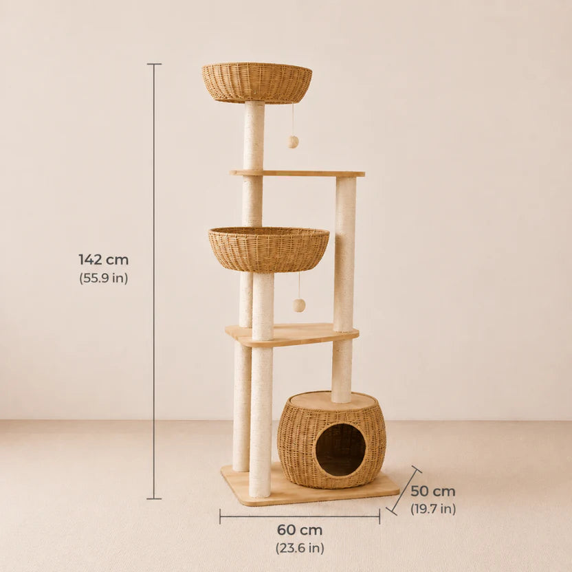 Willow Crest - 6 Level Oak Cat Tower with Woven Rattan Beds