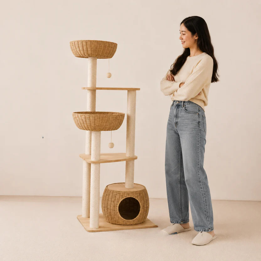 Willow Crest - 6 Level Oak Cat Tower with Woven Rattan Beds