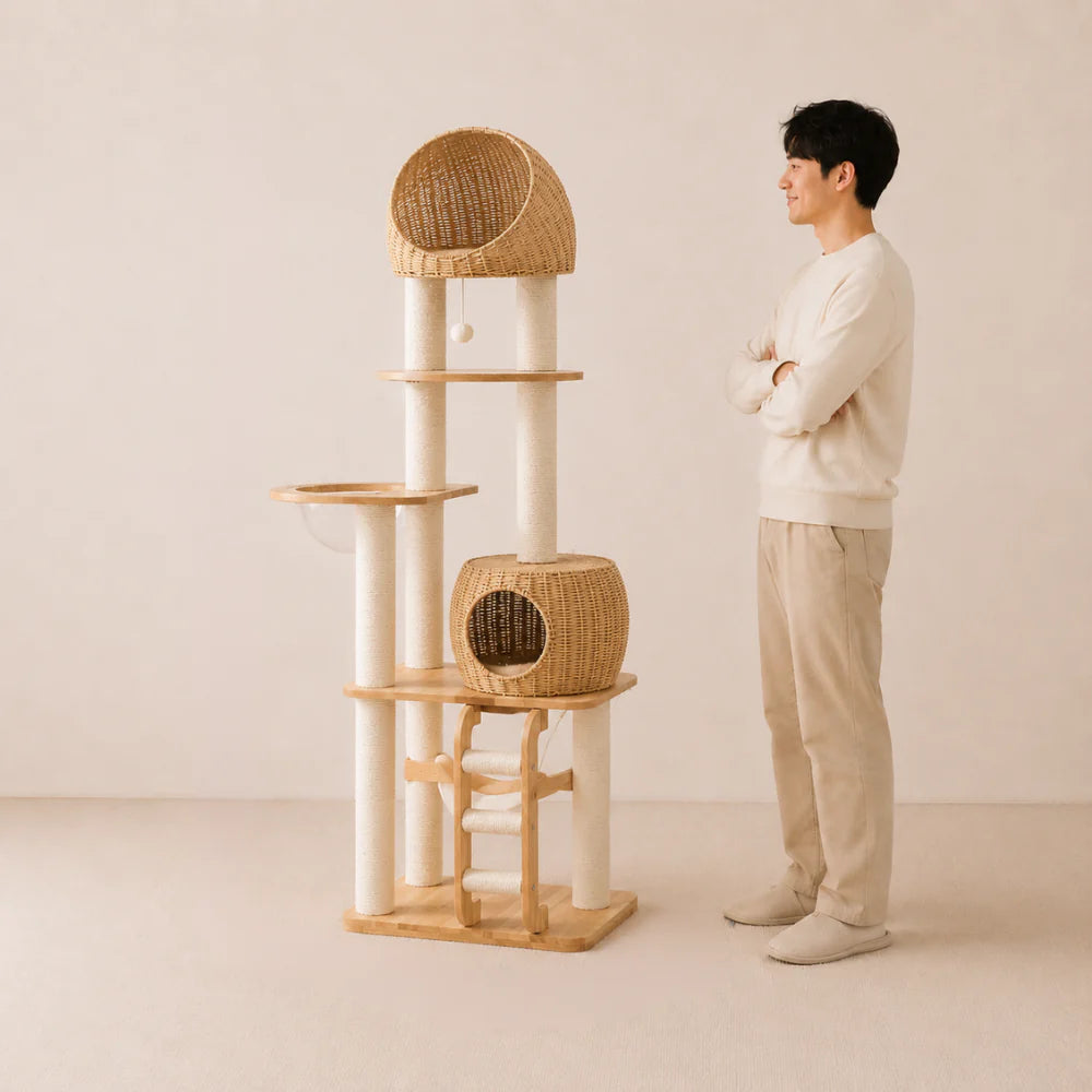 Coastal Haven - Premium Solid Oak Wood Cat Tree with Woven Rattan Beds