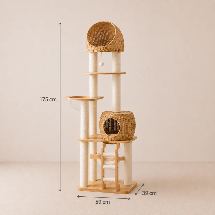 Coastal Haven - Premium Solid Oak Wood Cat Tree with Woven Rattan Beds