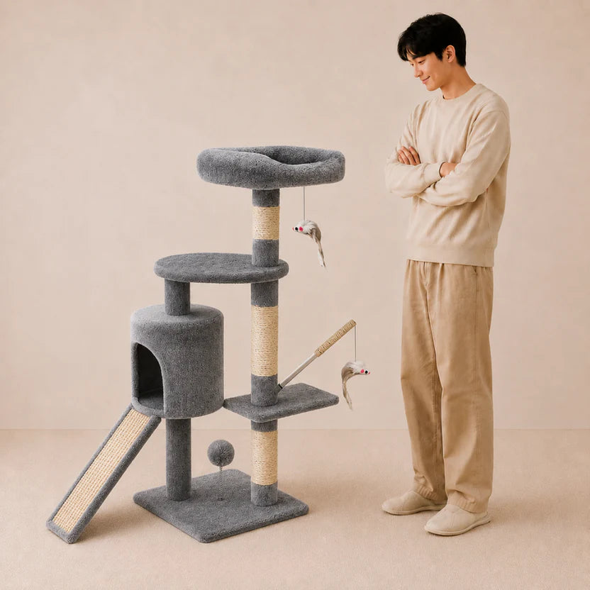 Cedar Cove - Cat Tree Tower and Scratching Post with Condo, Ramp & Interactive Toys