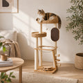 Gentle Haven - Solid Oak Wood Cat Tree with Handwoven Rattan Canopy