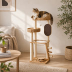 Gentle Haven - Solid Oak Wood Cat Tree with Handwoven Rattan Canopy