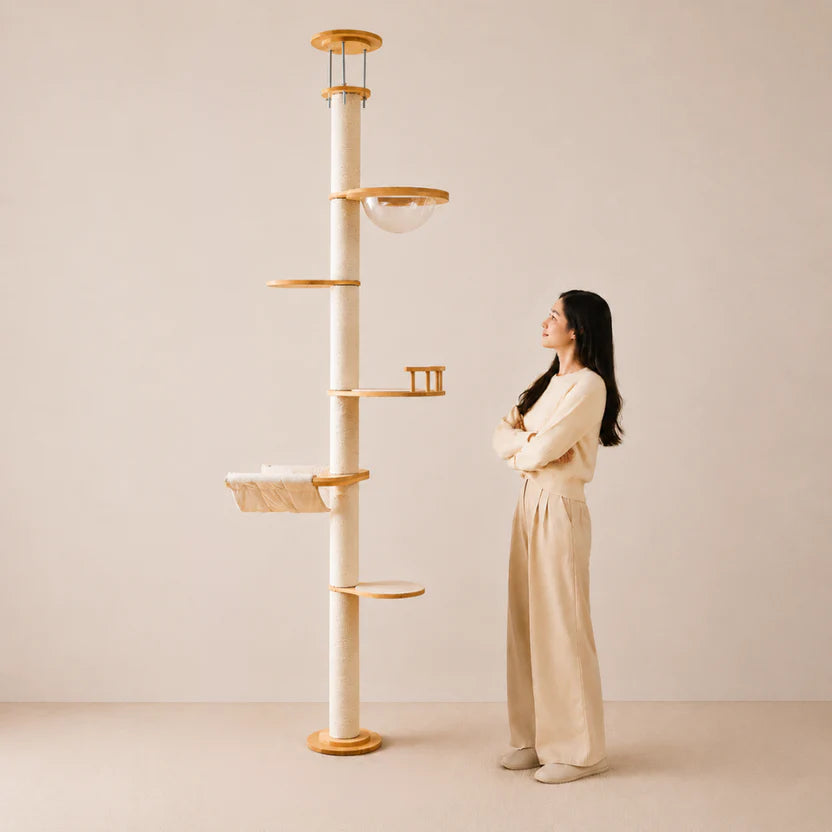 Infinity Climb - Solid Wood Floor-to-Ceiling Cat Tree Tower with Hammock