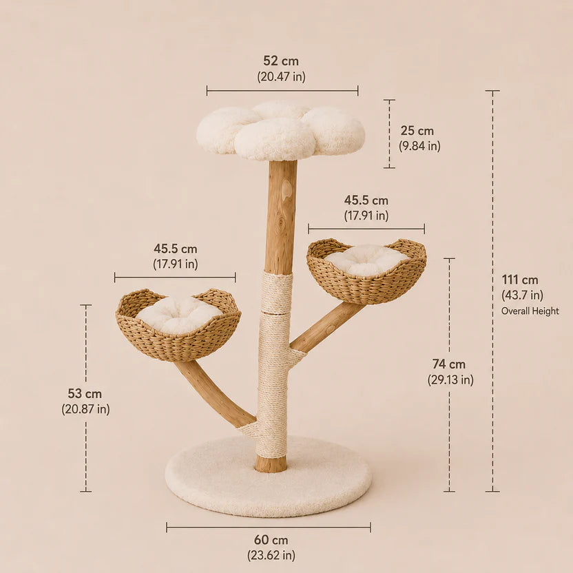 Nature Perch - Solid Wood Cat Tree Tower with Plush Perch & Baskets