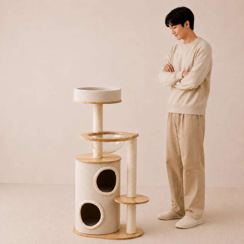 Horizon Loft - Solid Wood Multi-Level Cat Tree with Condo & Bubble Bed