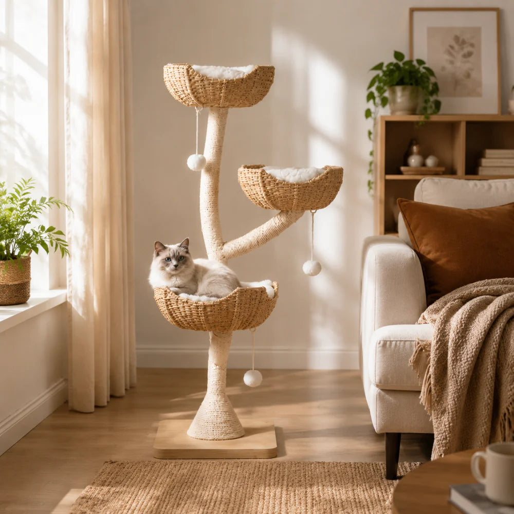 Scandi Haven - Three Tier Modern Cat Tree with Boho Style Basket & Sturdy Base