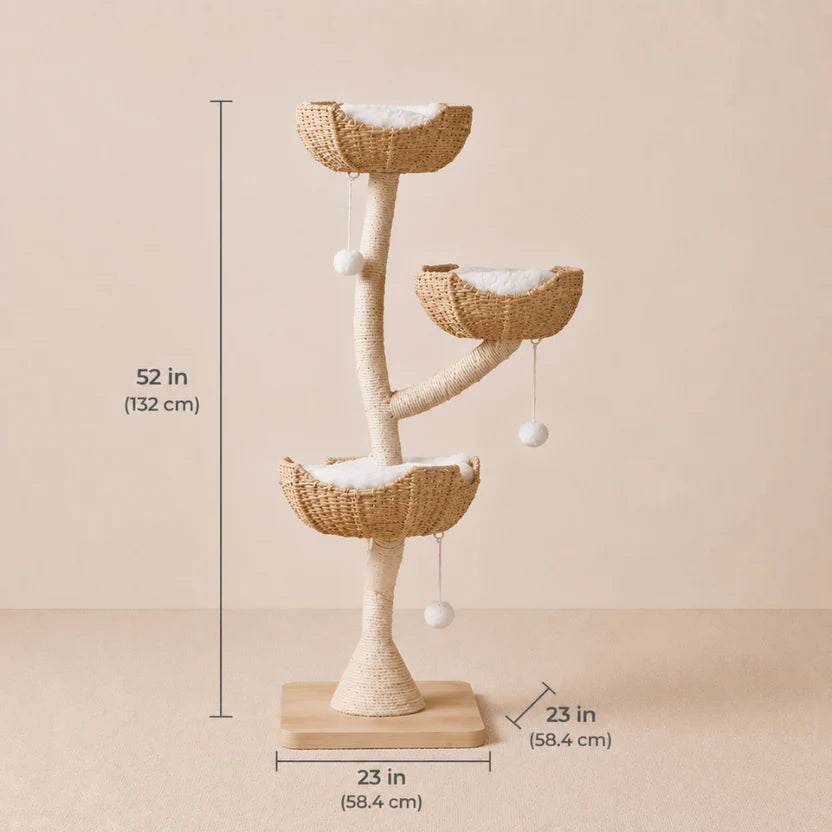 Scandi Haven - Three Tier Modern Cat Tree with Boho Style Basket & Sturdy Base
