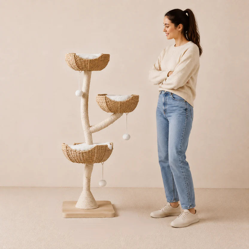 Scandi Haven - Three Tier Modern Cat Tree with Boho Style Basket & Sturdy Base