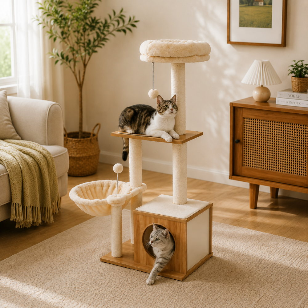 Four Level Modern Cat Tree with Hammock Basket