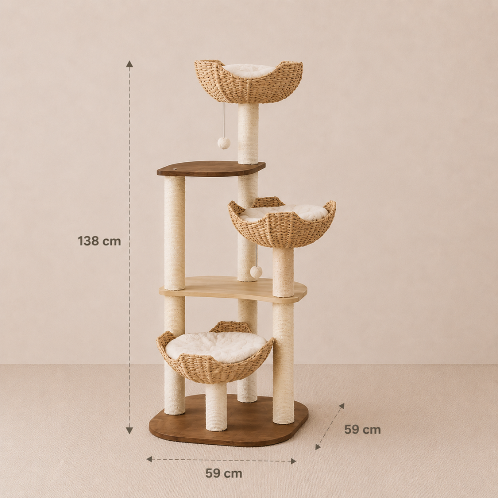 Woven Rattan Multi-Level Cat Tree – 6 Tiers with Full Sisal Posts & Multi-Beds