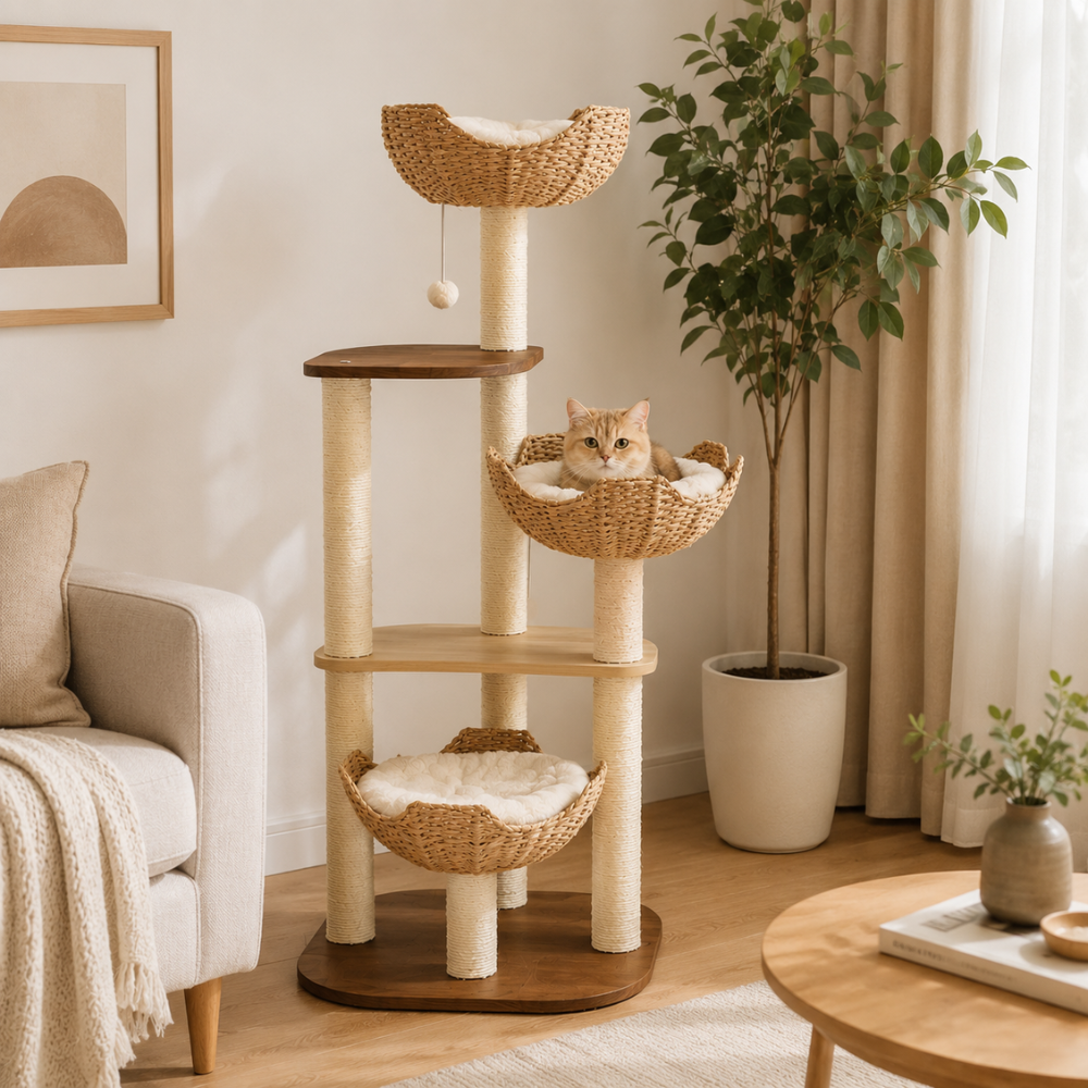 Woven Rattan Multi-Level Cat Tree – 6 Tiers with Full Sisal Posts & Multi-Beds
