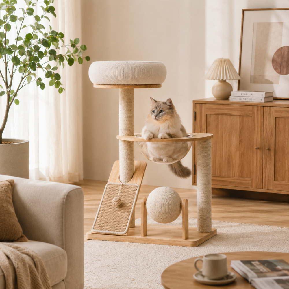 3-Tier Wooden Cat Tree with Scratching Posts & Play Features