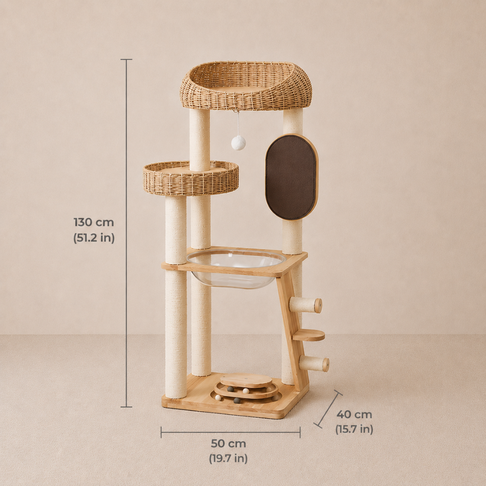 Solid Oak Wood Cat Tree with Handwoven Rattan Canopy