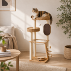 Solid Oak Wood Cat Tree with Handwoven Rattan Canopy