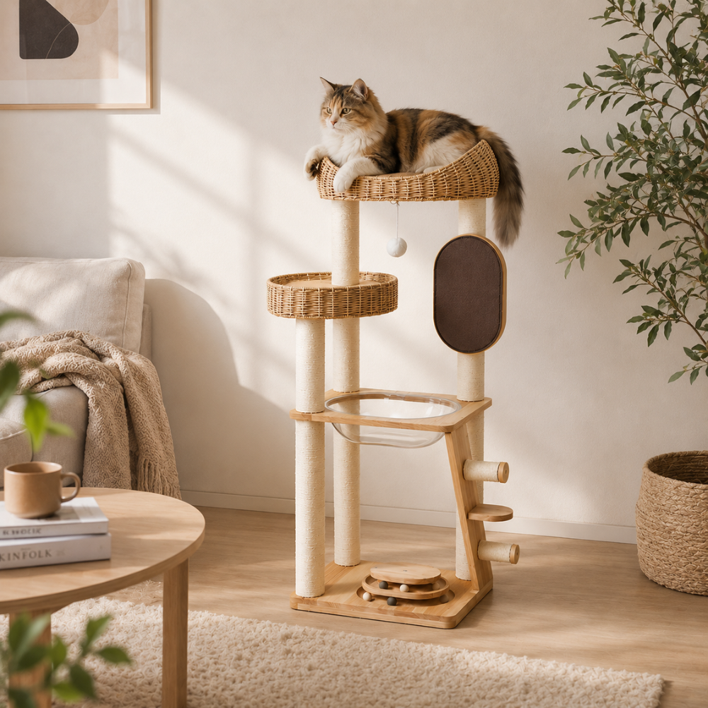 Solid Oak Wood Cat Tree with Handwoven Rattan Canopy