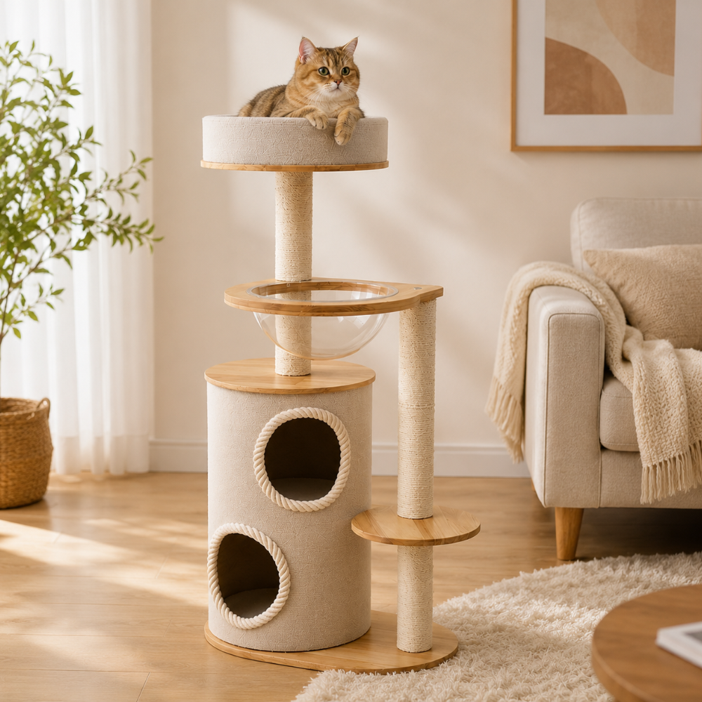 Solid Wood Multi-Level Cat Tree with Condo