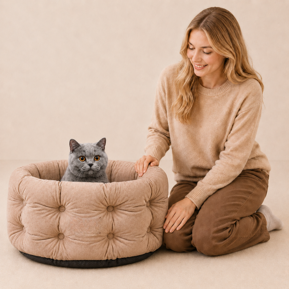 Deep Nest Cat Bed for Small Pets up to 15lbs – Plush Washable Round Bed