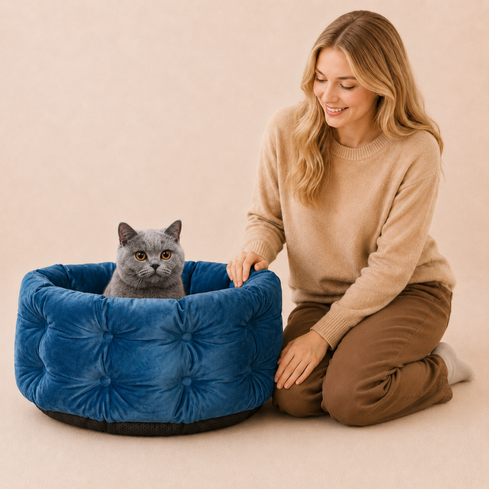 Deep Nest Cat Bed for Small Pets up to 15lbs – Plush Washable Round Bed