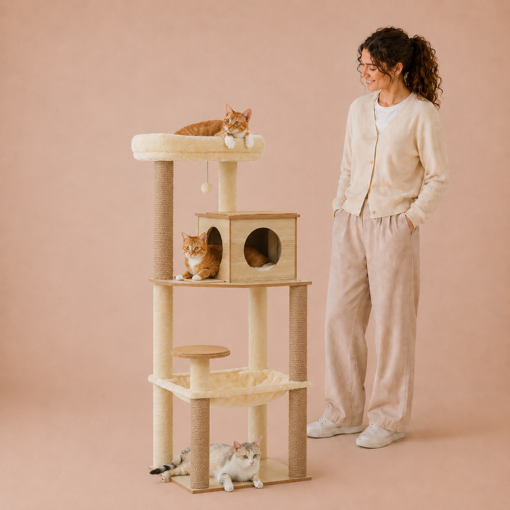 Road Cat Tree Scratching Post Multi-Level Play Tower with a Large Hammock