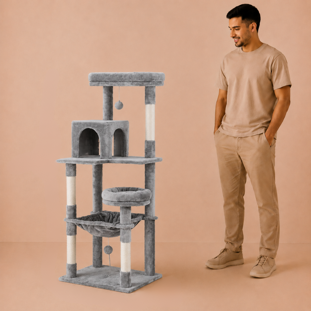 Cat Tree with Condo,Tunnel & Hammock Bed - 141cm