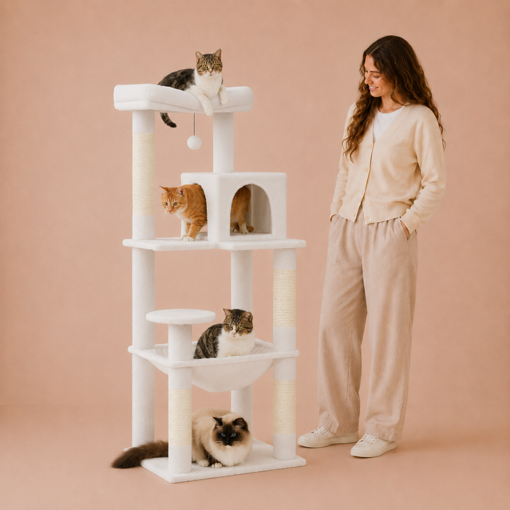 Road Cat Tree Scratching Post Multi-Level Play Tower with a Large Hammock