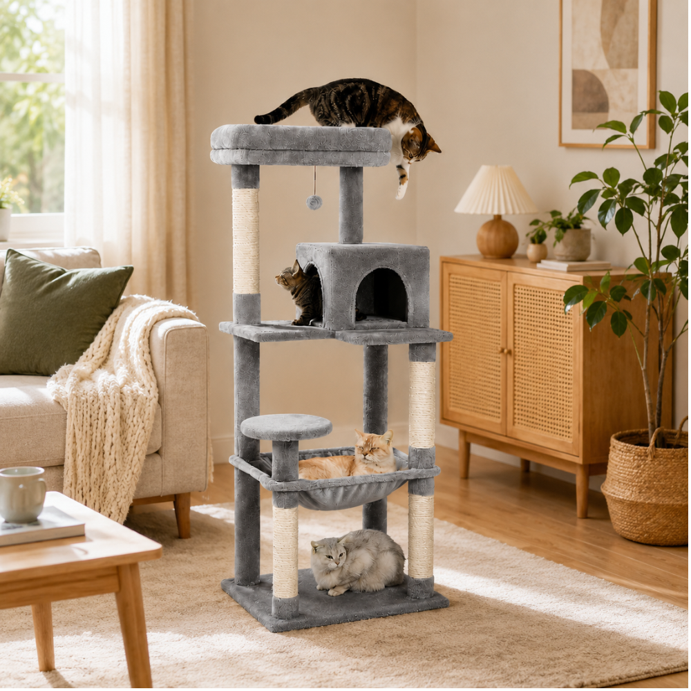 Road Cat Tree Scratching Post Multi-Level Play Tower with a Large Hammock