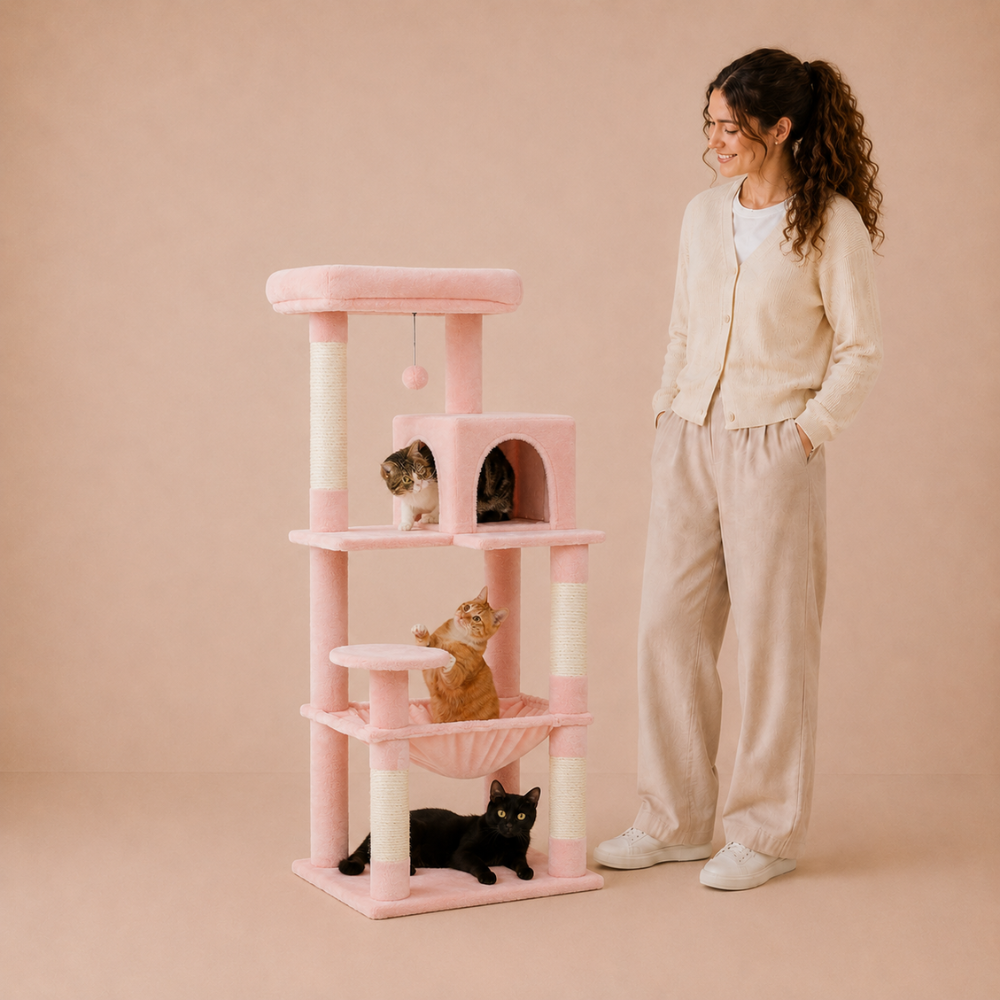Road Cat Tree Scratching Post Multi-Level Play Tower with a Large Hammock