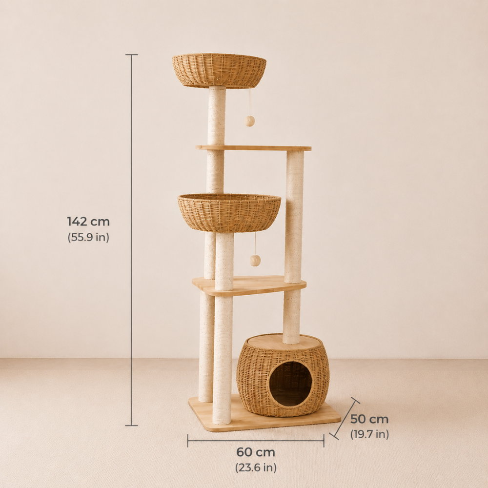 Oak Cat Tower – 6 Levels with Woven Rattan Beds