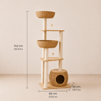 Oak Cat Tower – 6 Levels with Woven Rattan Beds