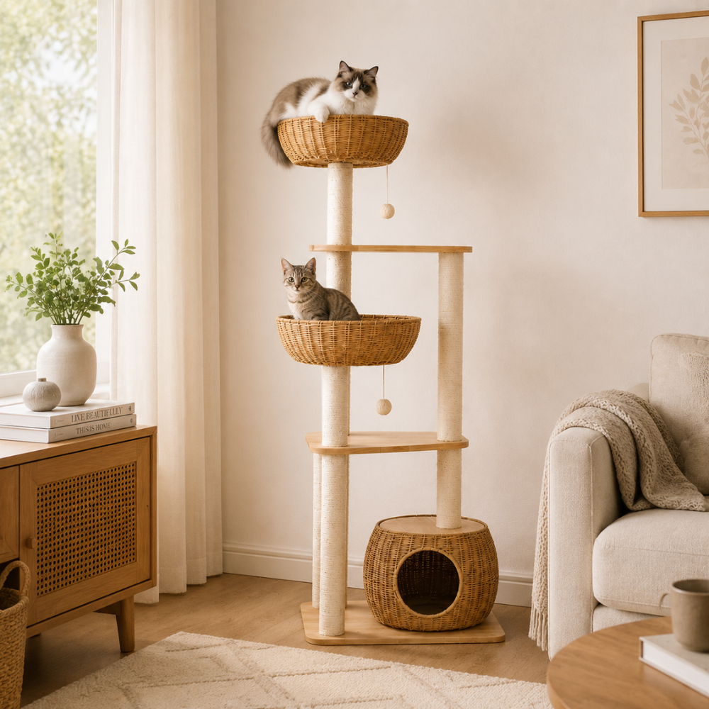 Oak Cat Tower – 6 Levels with Woven Rattan Beds