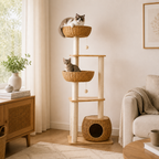 Oak Cat Tower – 6 Levels with Woven Rattan Beds